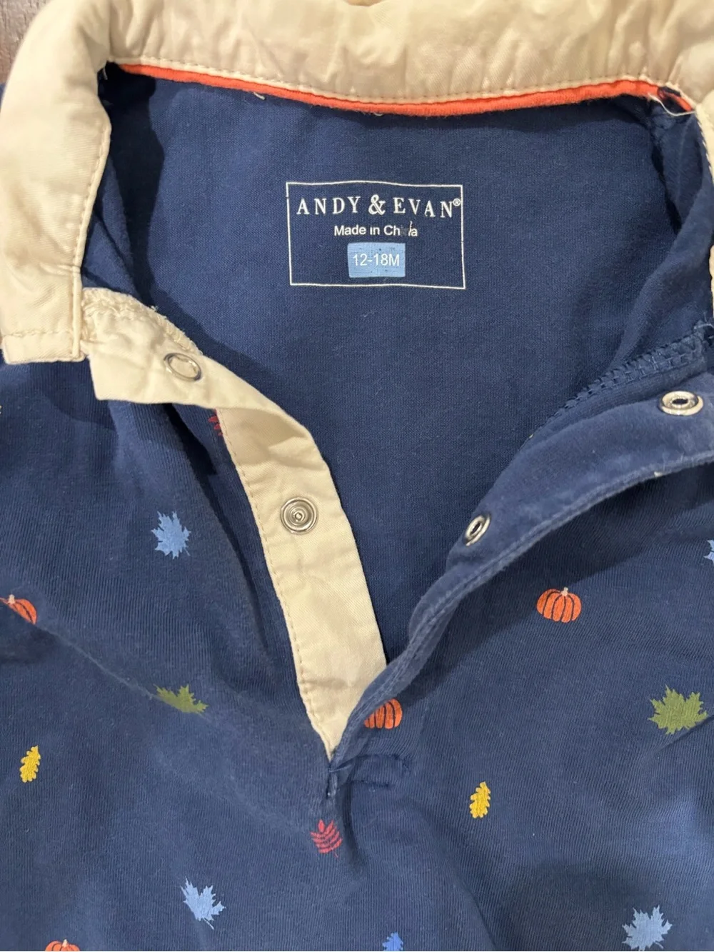 Andy & Evan Navy One-Piece Romper with Autumn Leaf & Pumpkin Print